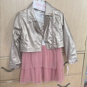 Little Lass Gold Jacket and Pink Tulle Dress Set